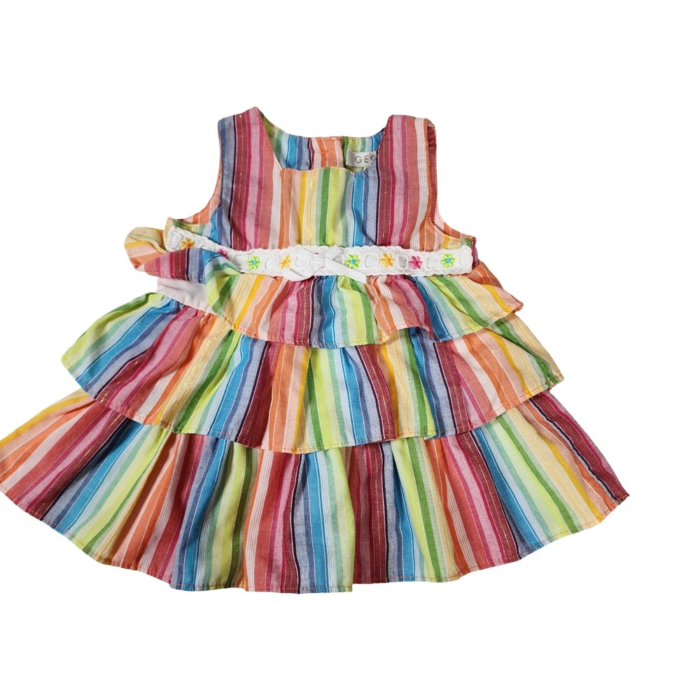 Vintage George Baby Girl Rainbow Striped‎ Tiered Ruffle Sundress Flower 3/6M